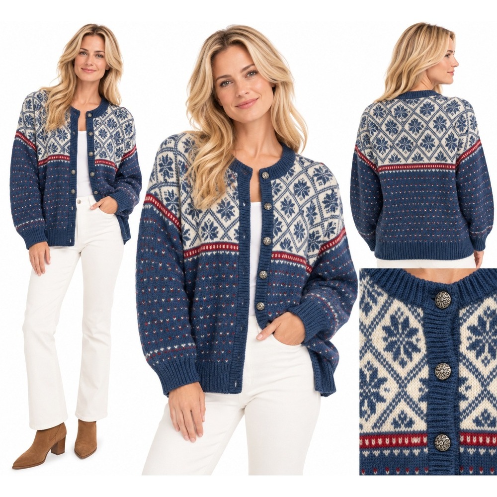 LL Bean Cardigan Women L Wool Blue Fair Isle Snowflake Vintage Ski Lodge Sweater